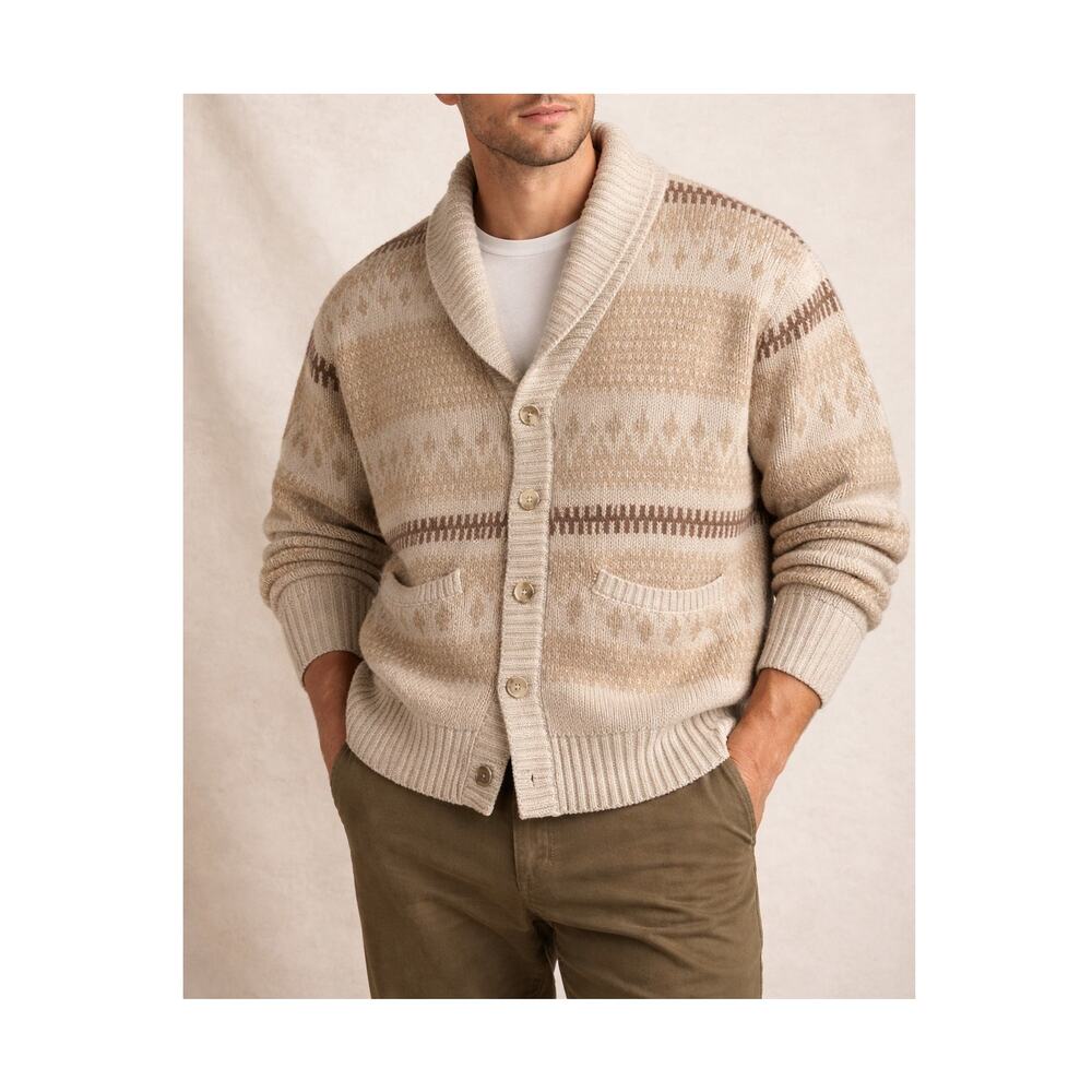 Old Navy Cardigan Sweater Mens XL Grandpa Fair Isle Shawl Collar Beige Preppy